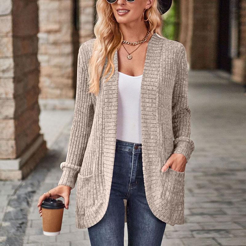 Autumn and Winter Women's Sweater Solid Color Pit Stripe Milled Leisure Patchwork Long Sleeve Cardigan