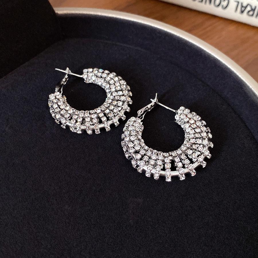 Silver Needle Diamond Round Hollow Earrings European and American Explosive Fashion Niche Commuter Earrings Light Luxury High-end Earrings Women