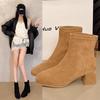 Французские 2025 осень и зима новые толстый каблук круглый носок тонкий средний каблук молния сзади замша высокий каблук модные ботинки женские