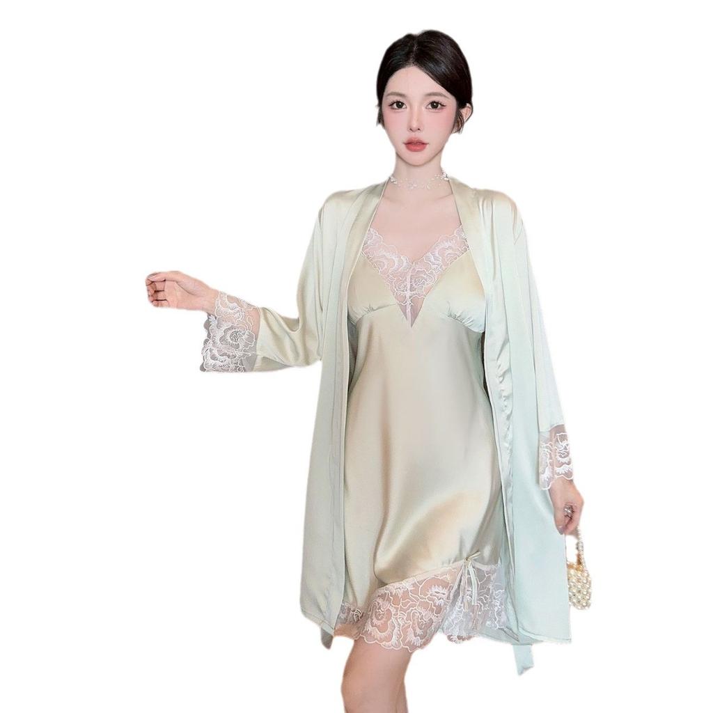 Сексуальная пижама женская Ледяная лента Нагрудная подушечка Чистый стиль Кружевная пижама на бретельках Два предмета Халат Шелковая одежда для дома