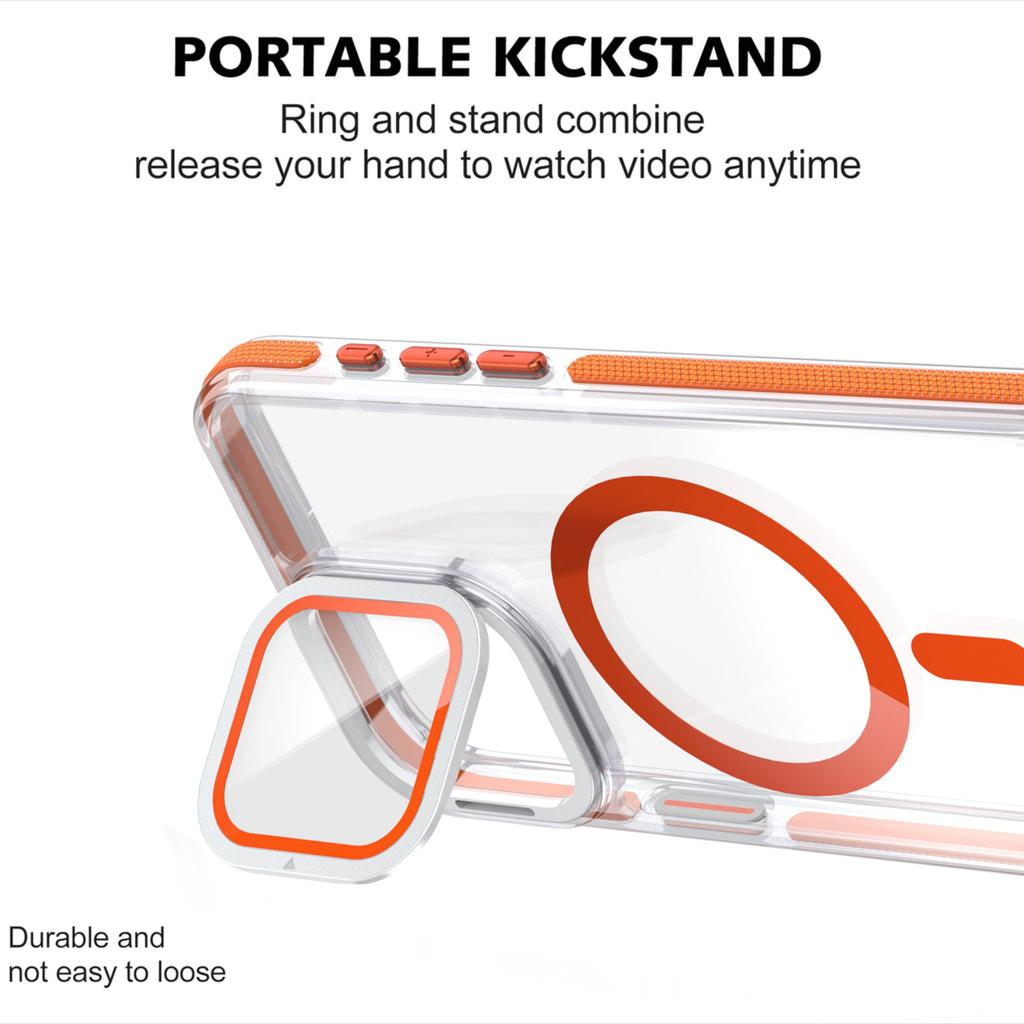 For iPhone 15 Pro Max Magnetic Case TPU Acrylic Clear Phone Back Cover with Lens Protector Kickstand