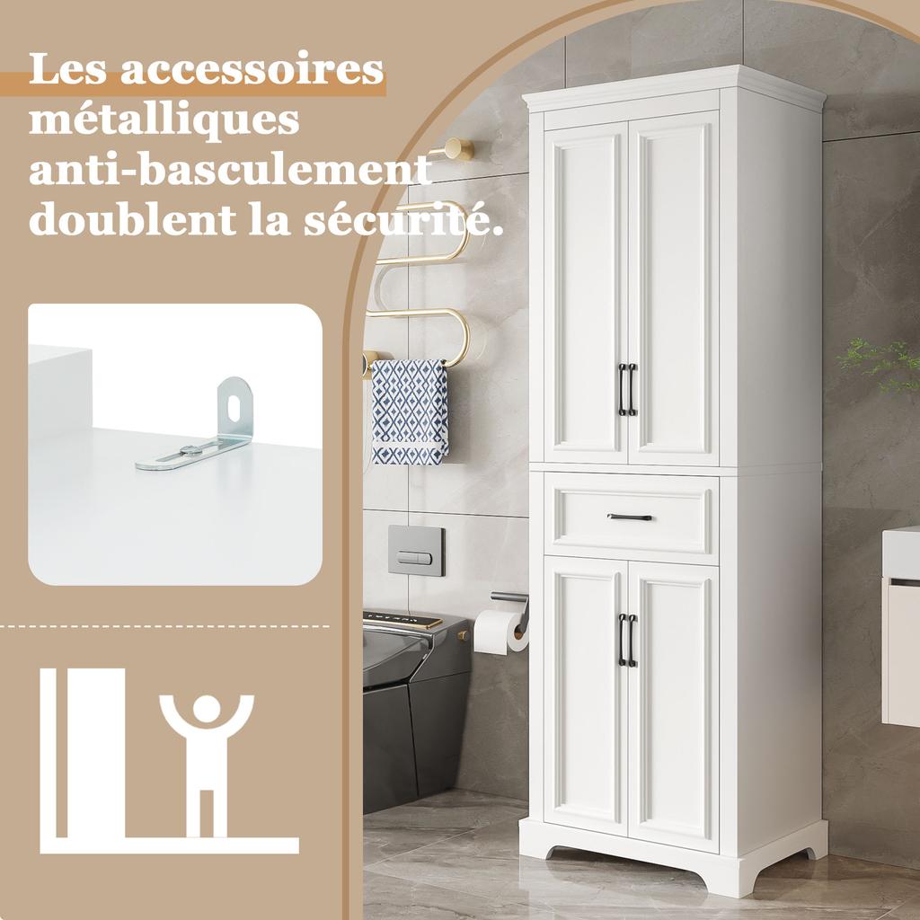 60x40x180 cm, Bathroom Tall Cabinet, Lacquered, Adjustable Shelves, Pull-Out Drawers, Double Doors, Anti-Tip, Black Handles, Soft-Close Hinges, White.