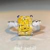 Princess Square S925 Sterling Silver Ring with Yellow Four-Claw Diamond - European & American Style, Non-Fading