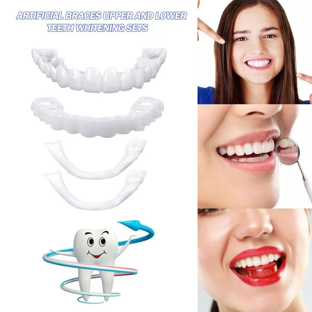 4 pieces of white dentures - adjustable upper and lower dentures for men and women, comfortable fit and natural smile