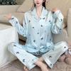 2025 Весна Осень Комплекты из 2 предметов с милым принтом бабочек Женская пижама из искусственного шелка и атласа Пижамный комплект с длинными рукавами Пижама женская Домашняя одежда