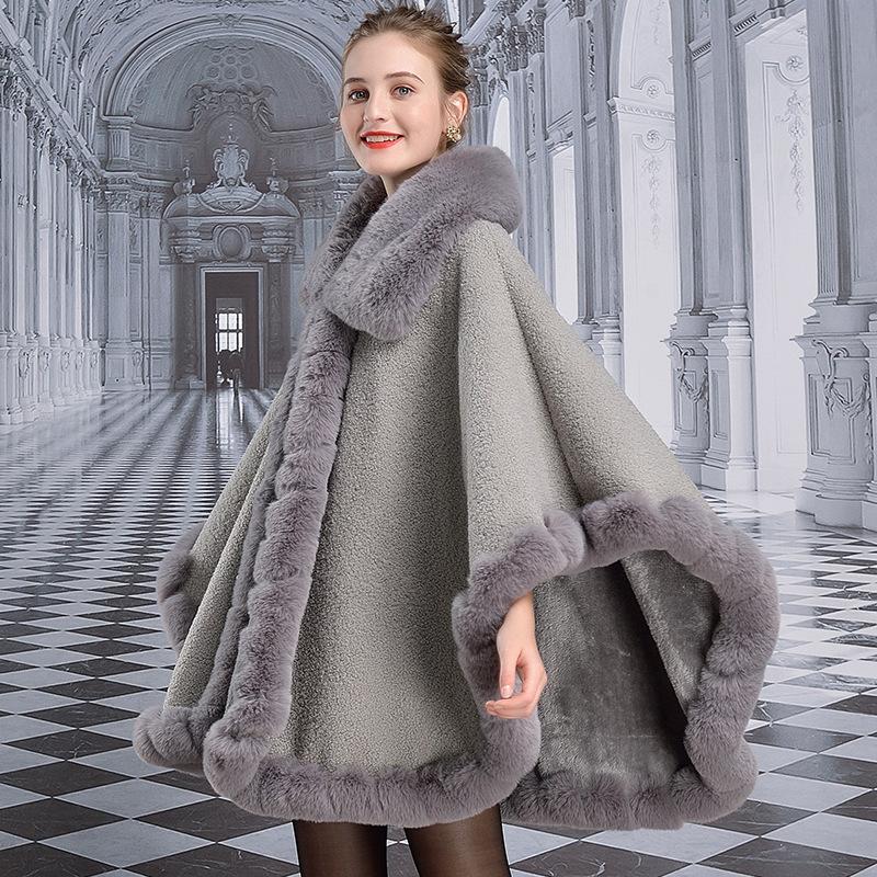 Большая маятниковая шаль из пашмины, женская шаль из искусственного кроличьего меха с воротником из зернистого бархата, уличная одежда, зимнее толстое теплое свободное пончо, накидка