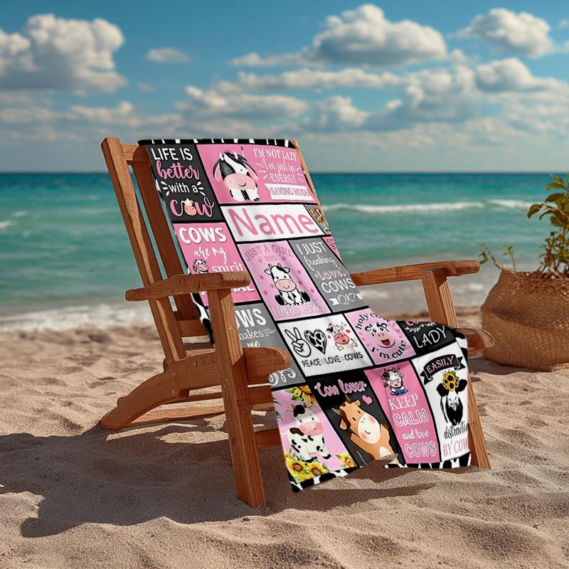 Custom Name Ultra-Soft Beach Towel with Cow Theme,Ideal for Pool - Camping, Diving - Perfect Travel Essential, Vibrant Beach Towel.