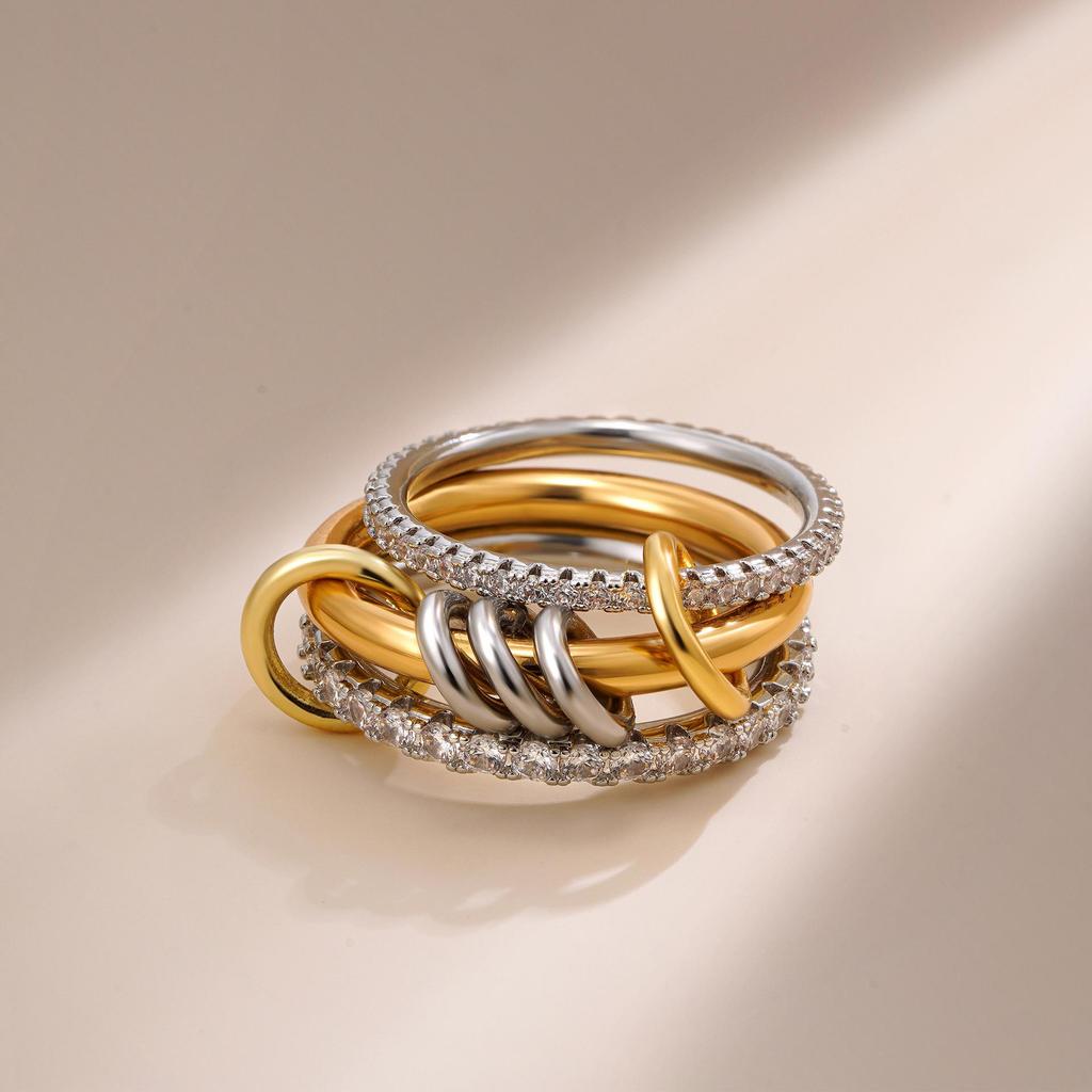 Interlocking Zirconia Two-Tone Diamond Ring, Multi-Element Plain Band