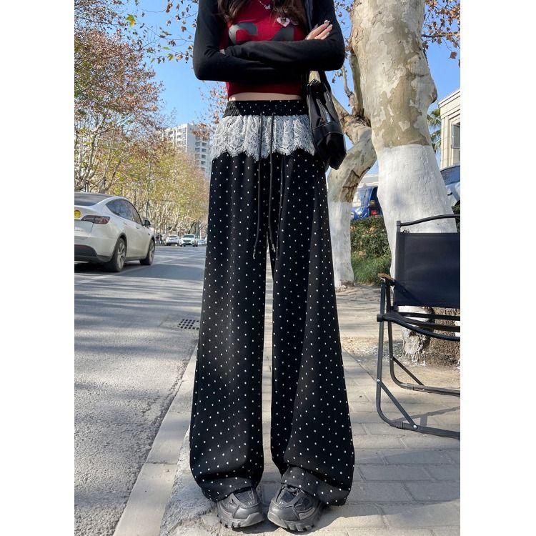 Женские брюки с кружевной вставкой в горошек с широкими штанинами до пола – Весенне-летняя нишевая модель, Повседневные свободные брюки прямого кроя