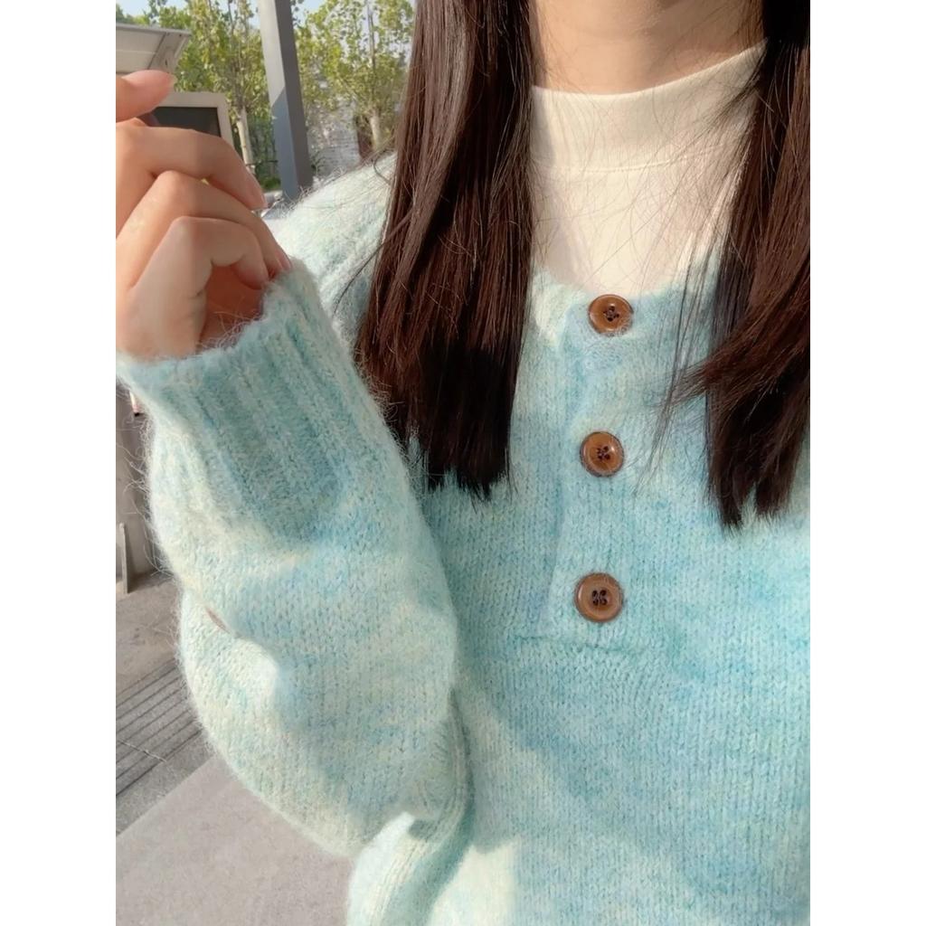 Macaron Thickened Sweater Women's Retro Autumn and Winter Lazy Wind Henry Neck Pullover Button Long Sleeve Knitted Top