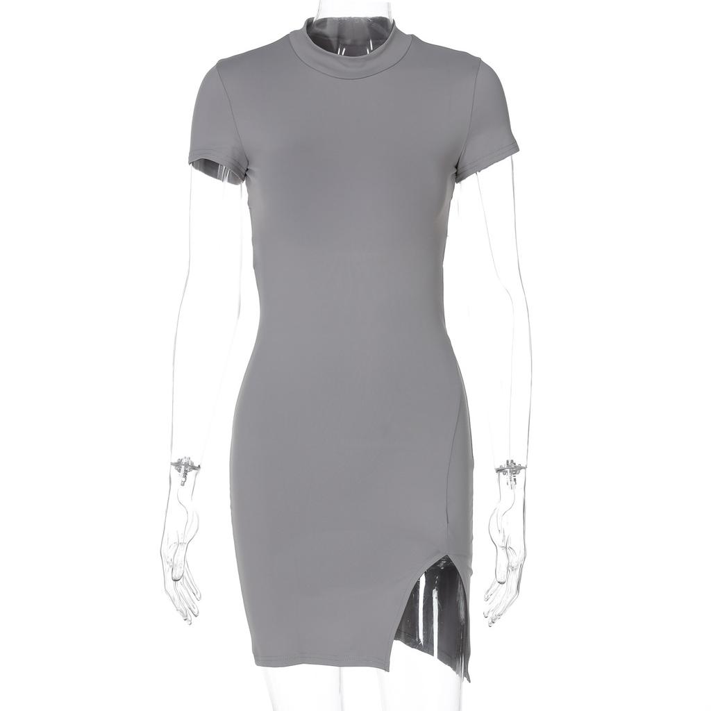 Split Dress Summer Short Sleeved High Neck Sexy Halter Temperament Bag Hip Dress