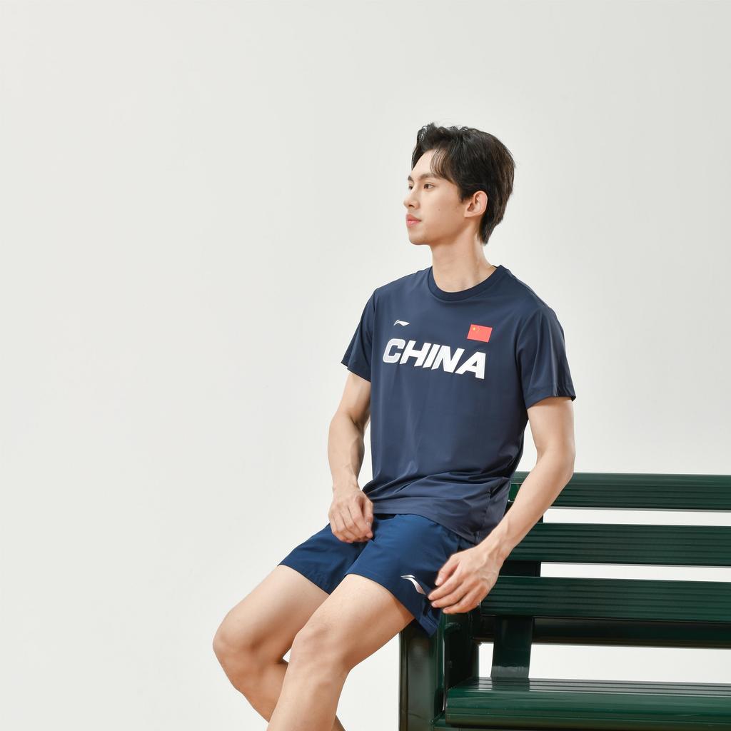 Li-Ning Pure Color Letter Logo Print Round Neck Short Sleeve T-Shirt Men Tops Ink-Blue AHSS983-1