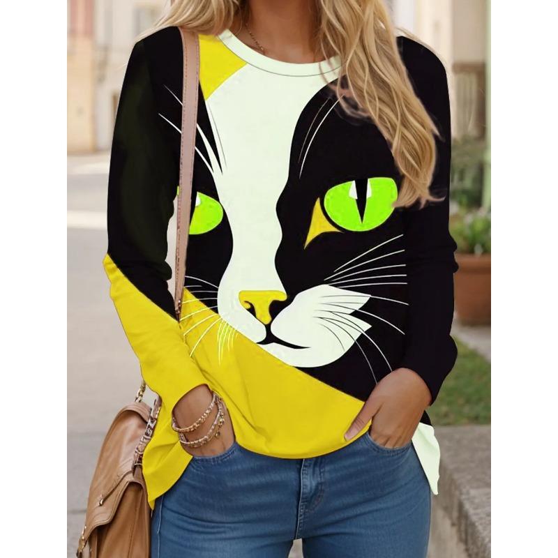 Women's T-shirt 3D Printed Art Design Cat Pattern Long Sleeved Fun Round Neck Top