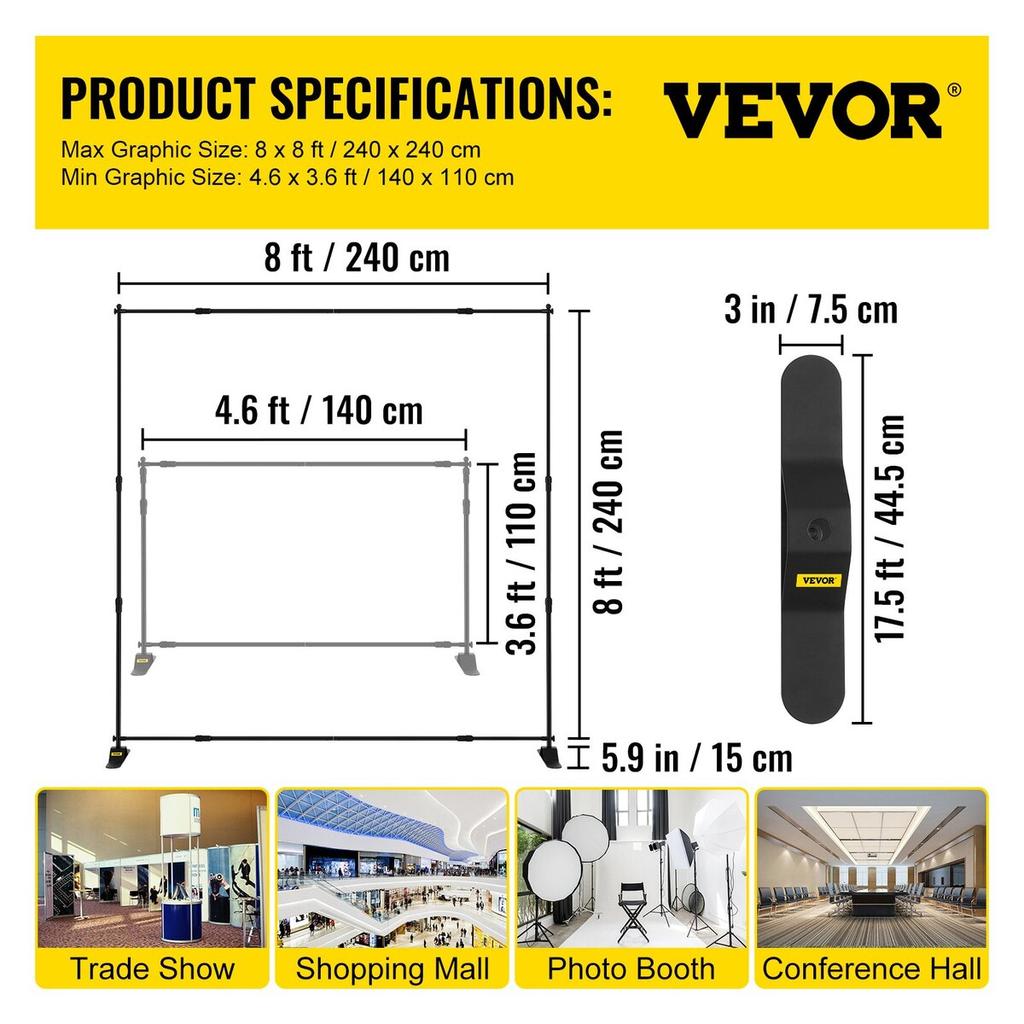 8FT Backdrop Banner Stand Step and Repeat Adjustable Telescopic Lightweight Trade Show Display Wall Exhibitor with Carrying Bag