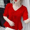 Женский летний французский топ с V-образным вырезом, оборками и пышными рукавами – Универсальный и модный