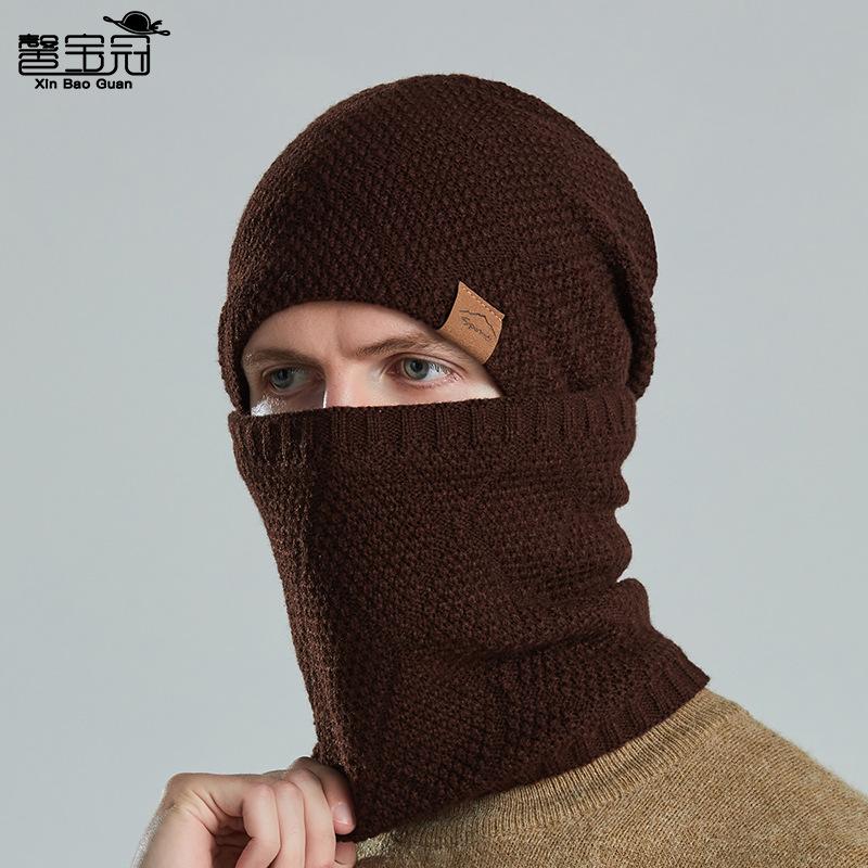 Men's Autumnn Winter Solid Color Knitted Hat and Scarf Set Thicken Warm Fleece Lined Cold-resistant Hat and Neckerchief for Men