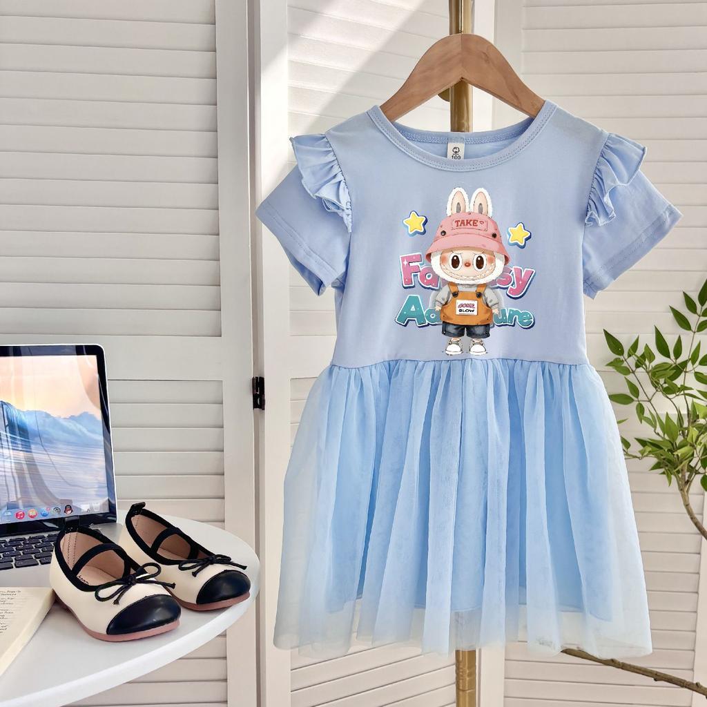 Принцесса Тюлевое Платье для Девочек, Детские Летящие Рукава, Короткие Рукава, Цельное Платье на Лето