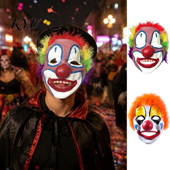Funny Character Costume Gear Realistic Clown Mask with Red Nose & Plush Wig, Scary Latex Breathable Cosplay Props for Adults Full Face Halloween