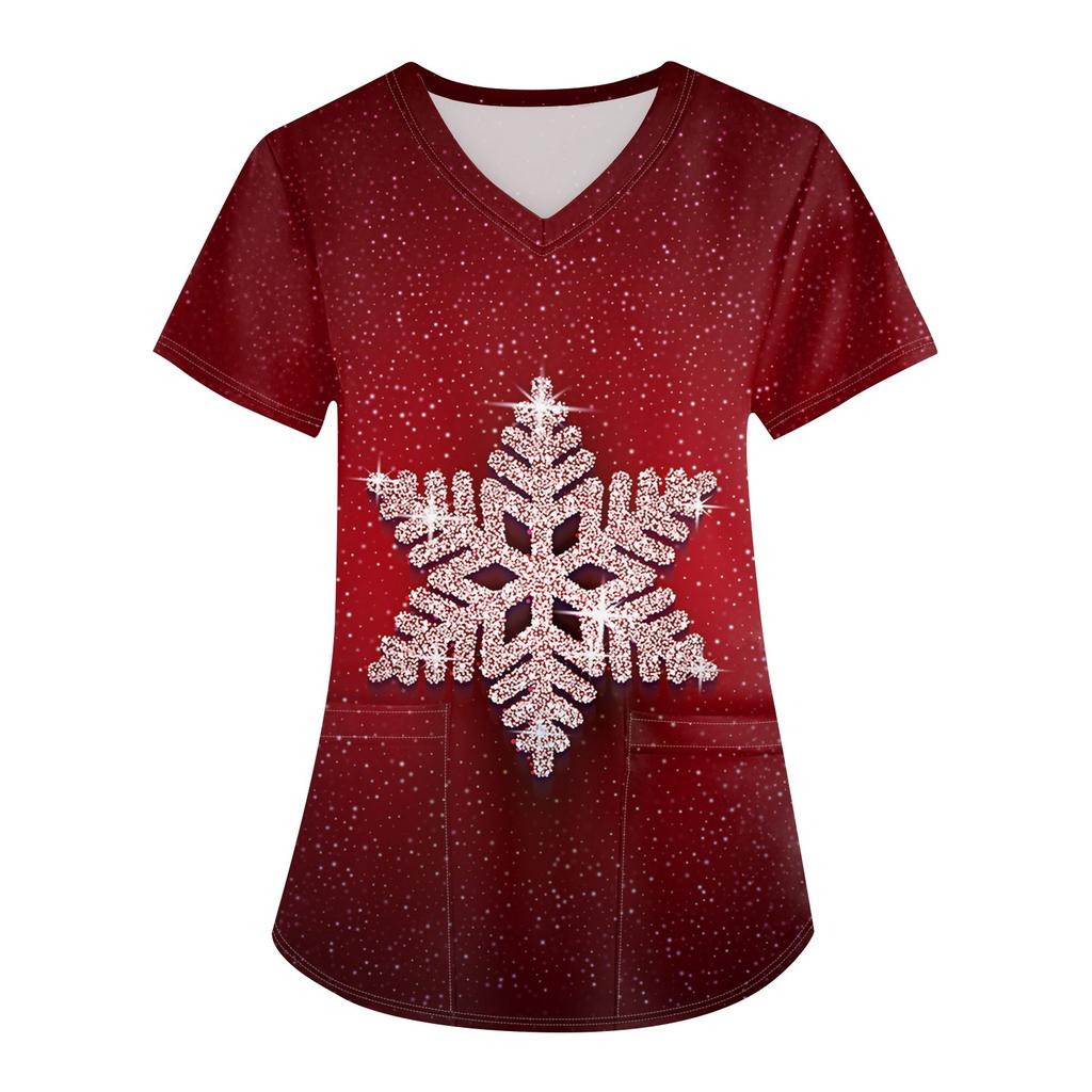 Plus Size Printed Scrub Working Uniform Tops For Women's Cross V Neck Christmas Print Short Sleeve Fun T-Shirts Workwear Tee With Pockets