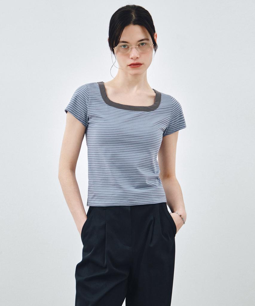 MONGDOL Square Neck Striped Short Sleeve T-Shirt Blue Mdts098Blue