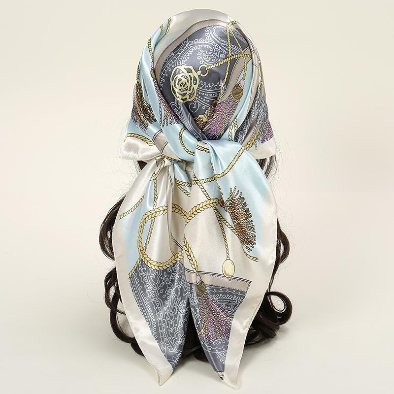 Satin Square Scarf Women Muslim Hijab Elegant Print Silk Neckerchief Shawl Wraps Headband Handle Hair Accessories Bandana