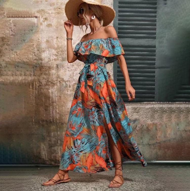 Women Summer Casual One Shoulder Sleeveless Flower Print Dress High Waist A-Line Belt Slit Ankle-Length Collar Dresses Spring