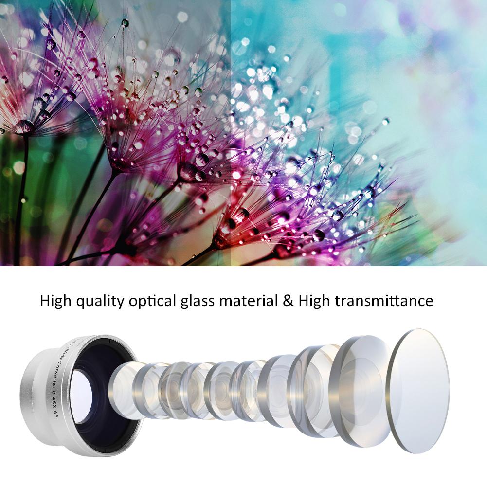 0.45X Silver Optical Glass Camera Wide Angle Magnification Additional Lens for 37mm Camera Lenses