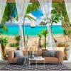 Tropical Sea Backdrop Wall Mural Beach Villa Terrace View Wallpaper Blue Ocean Island Sailing Boat Palm Trees Mural
