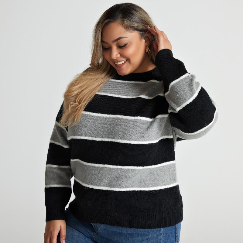 Полосатый лоскутный вязаный свитер для женщин с круглым вырезом и длинными рукавами, базовый пуловер, повседневный стильный свободный свитер, мягкий удобный рабочий топ