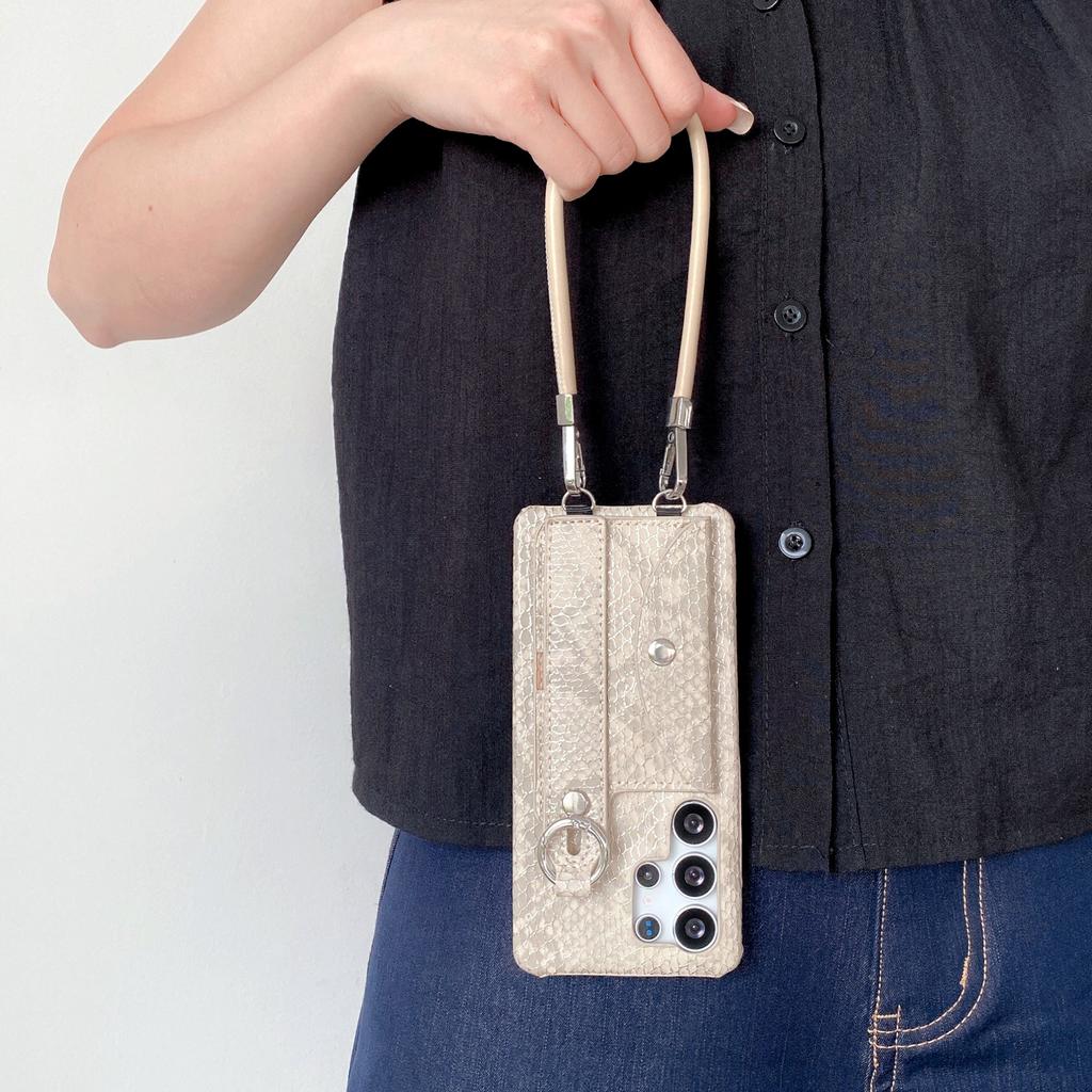 For Samsung Galaxy S24 Ultra Case Card Holder Wristband Lacquered Snake Texture PU + PC Back Cover with Lanyard