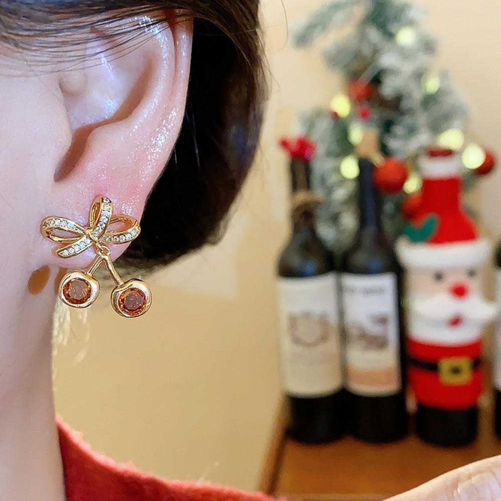 Copper Bow Cherry Earrings Zircon Retro Fruit Earrings Elegant Bow Drop Earrings Party Dress