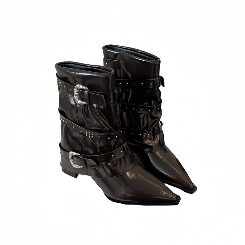 Miting Fashion Trouser Boots 2025 Autumn and Winter New Pointed High Heel Temperament Sleeve Rivet Belt Buckle Fashion Short Boots