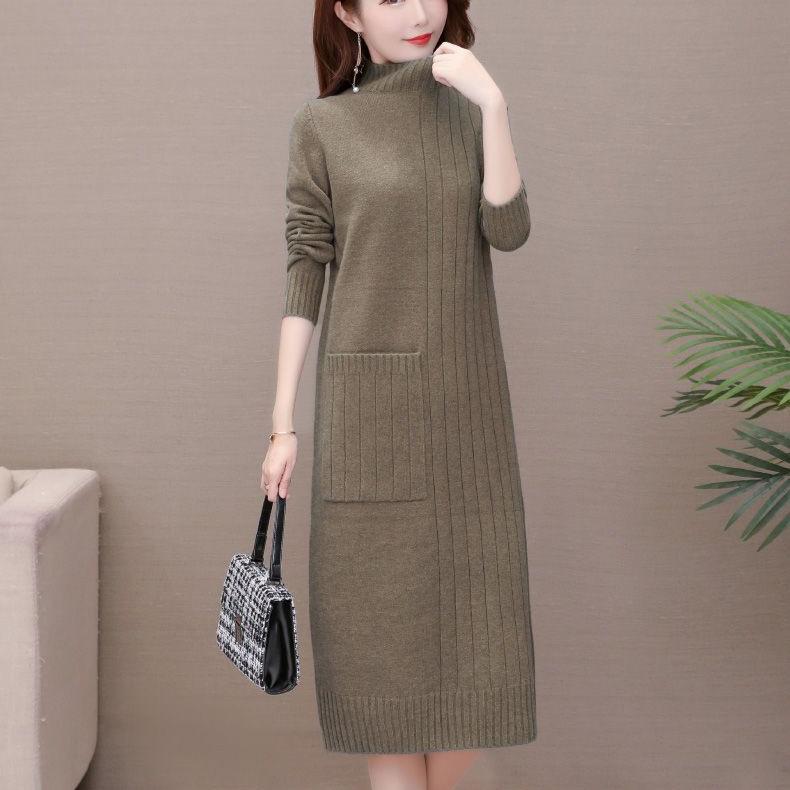 Вязаное платье для женщин на осень и зиму в корейском стиле, свободный пуловер средней длины, однотонное платье-свитер с полувысоким воротником