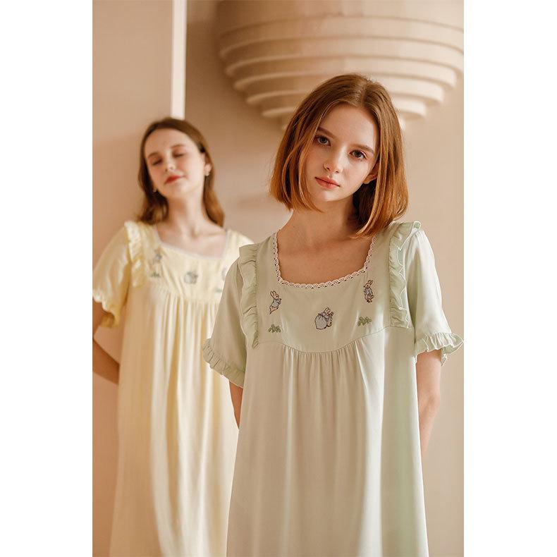 New ruffle leaf edge pajamas women's summer human cotton satin Korean version girl solid color embroidered sweet square collar nightdress T