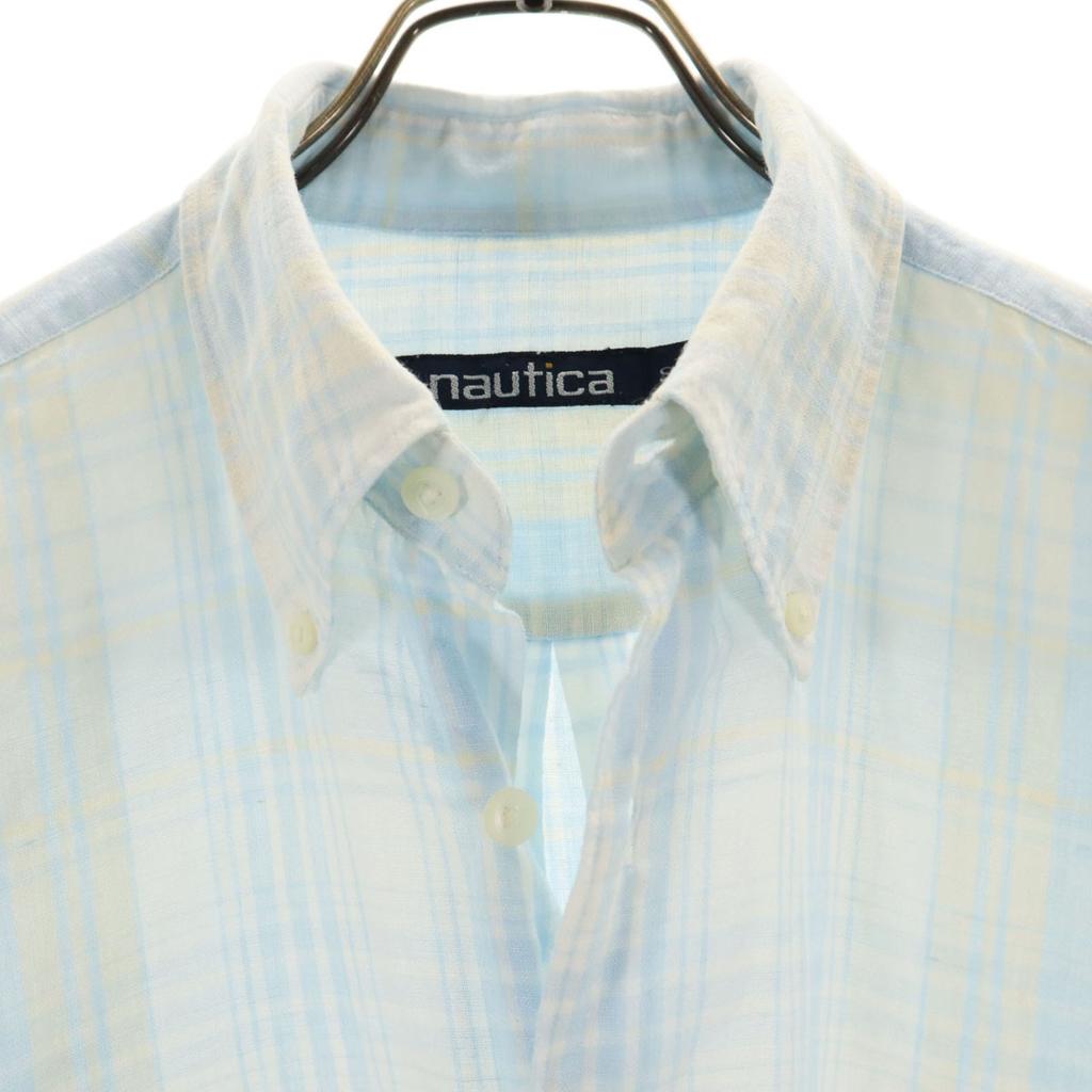 Nautica 90-е годы Смесь льна Рубашка с коротким рукавом на пуговицах в клетку для мужчин Б/У