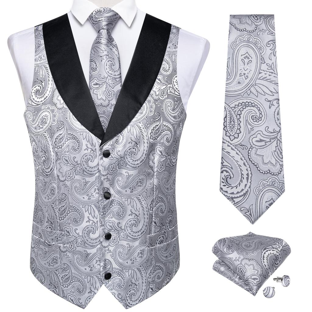 Mens Silk Slim Waistcoat Dark Purple Paisley Wedding Suit Vest Tie Cufflinks Set