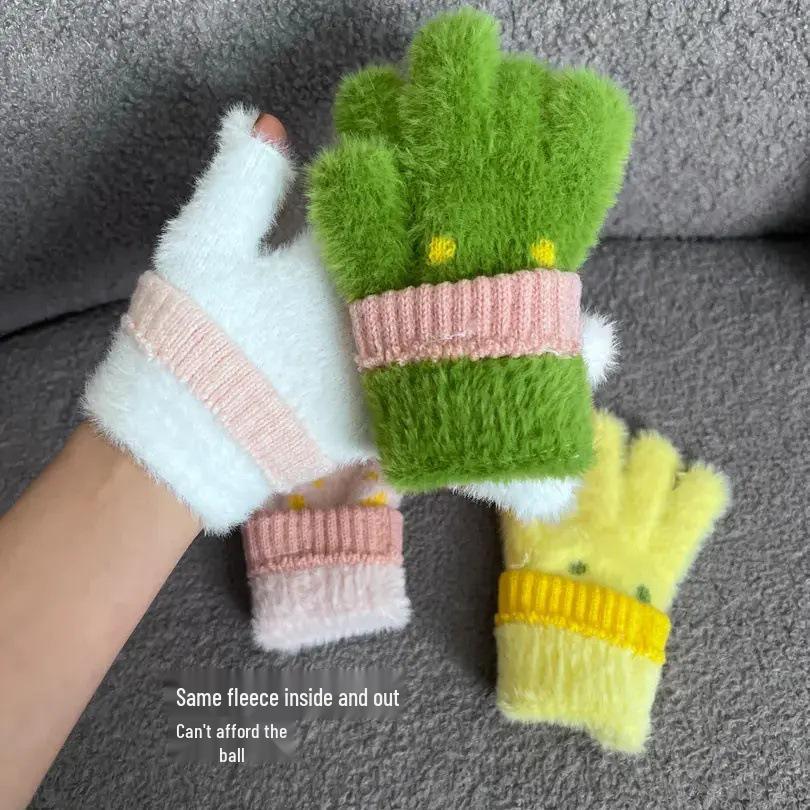 Плюшевые перчатки без пальцев с сенсорным экраном и смайликом - Женская осенне-зимняя теплота