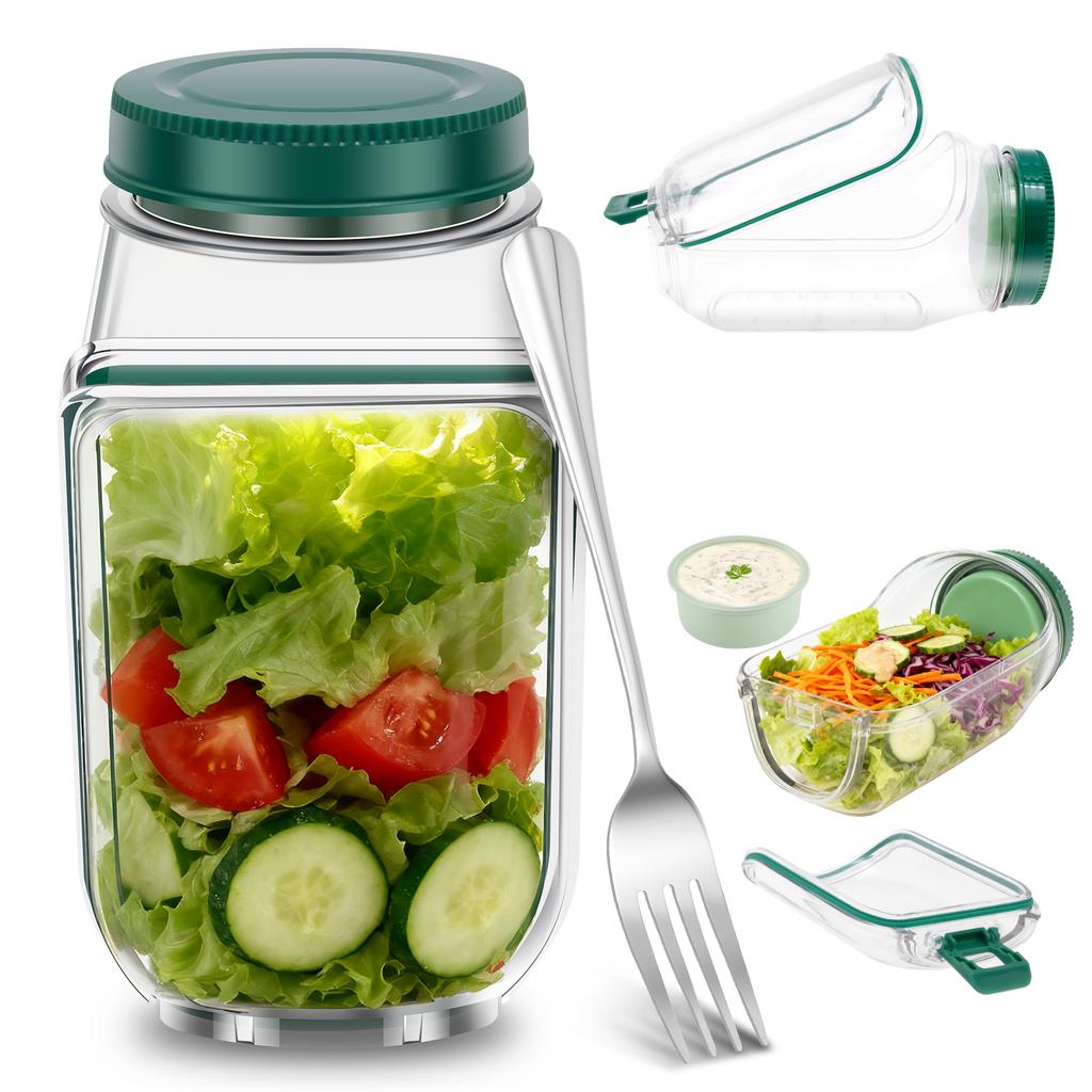Salad Pod with Dressing Cup Portable Rectangular Salad Jars with Lids Leakproof Container for Lunch Meal and Snack Mason Jars