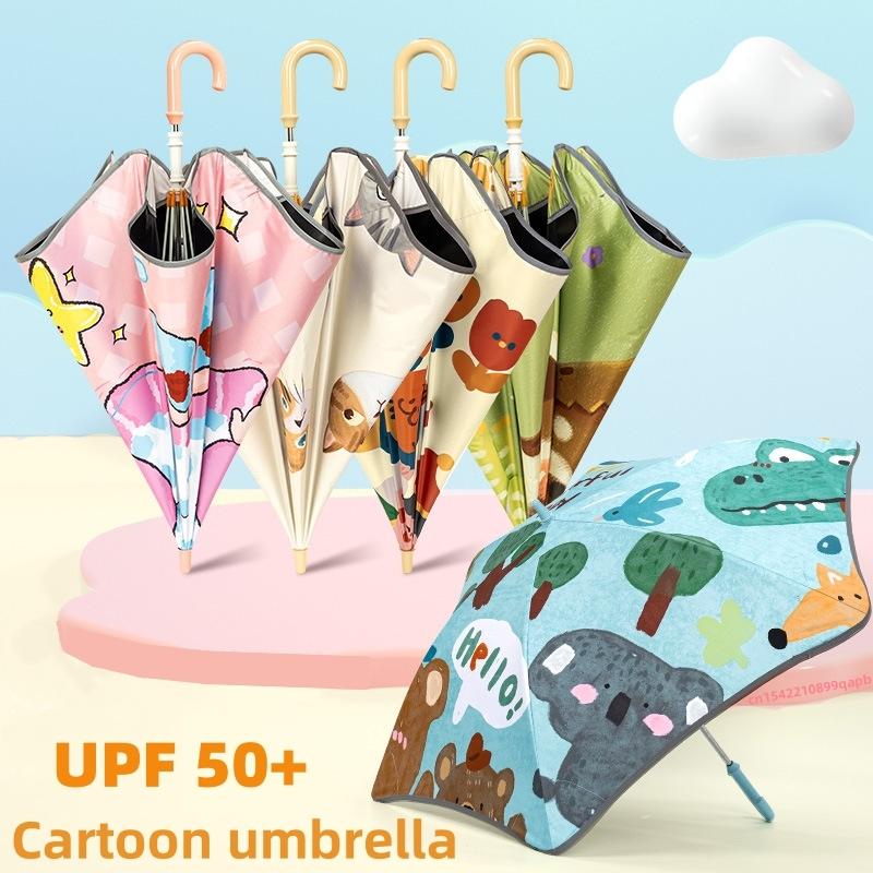 Cartoon UV Umbrella Long Hand Parasol Kids Sun Rain Umbrella Round Corners Protection Umbrellas With Reflective Strip Parasol
