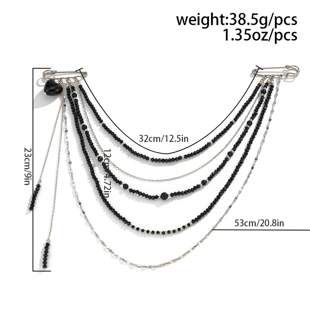 Ingemark Unique Black Crystal Beads Long Brooches Women Trendy Multi-layer Copper Chain Shirt Collar Suit Clip Pin Accessories