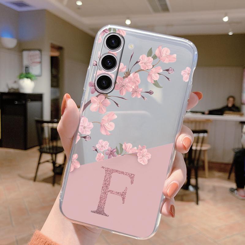 Для Samsung Galaxy A25 A14 A24 A34 A54 A15 A56 A06 A17 Чехол для телефона Обложка Буква A Z Розовые Цветы Прозрачный Мягкий Задний TPU Fundas Чехол