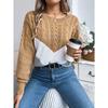 Women's Autumn/Winter Sweatshirt-Style Casual Colour-Block Cable-Knit Bell-Sleeve Pullover Loose-Fit Knitted Top for Ladies