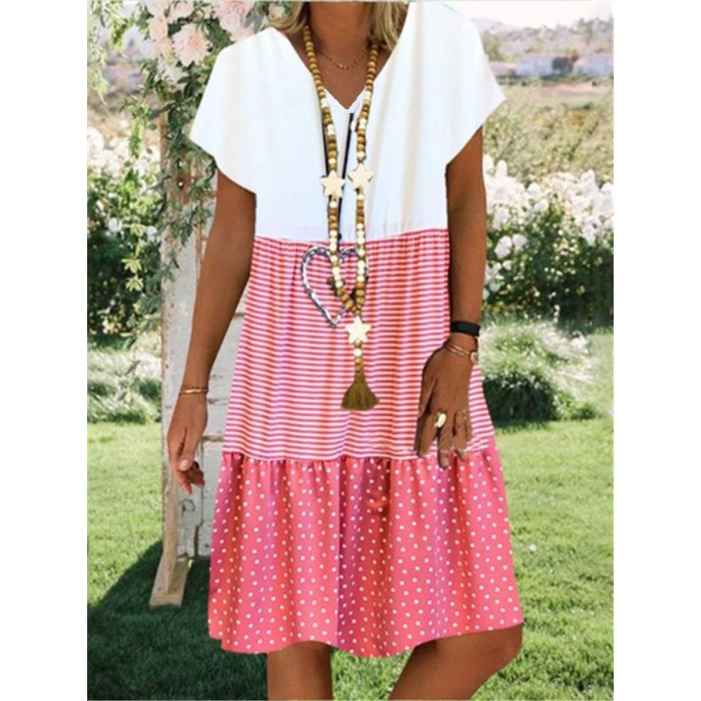 Женское модное повседневное платье большого размера с коротким рукавом, свободное летнее платье с принтом и V-образным вырезом