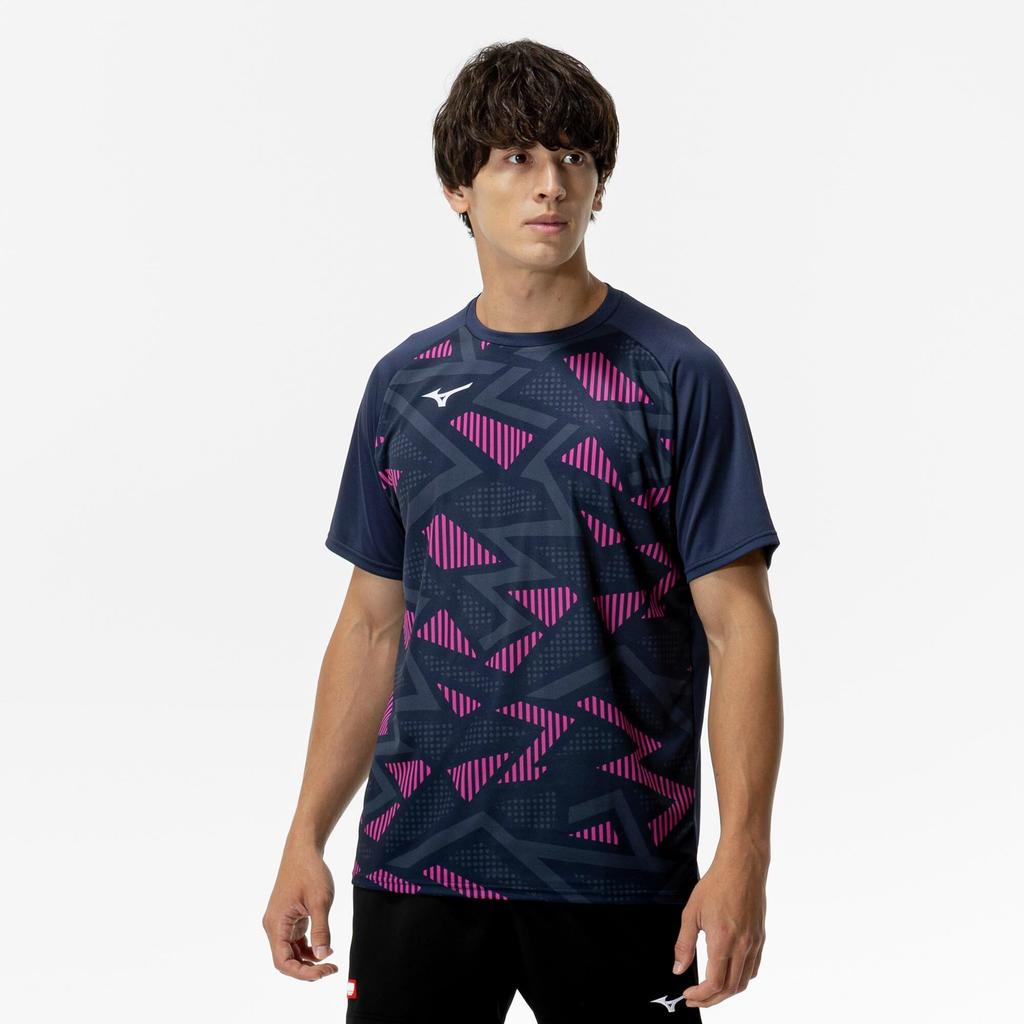 Mizuno Table Tennis Game Short JTTA Dress Navy Shirt, Sleeve, Certified, Moisture-Wicking, Quick-Drying, Unisex, 82JAC104,