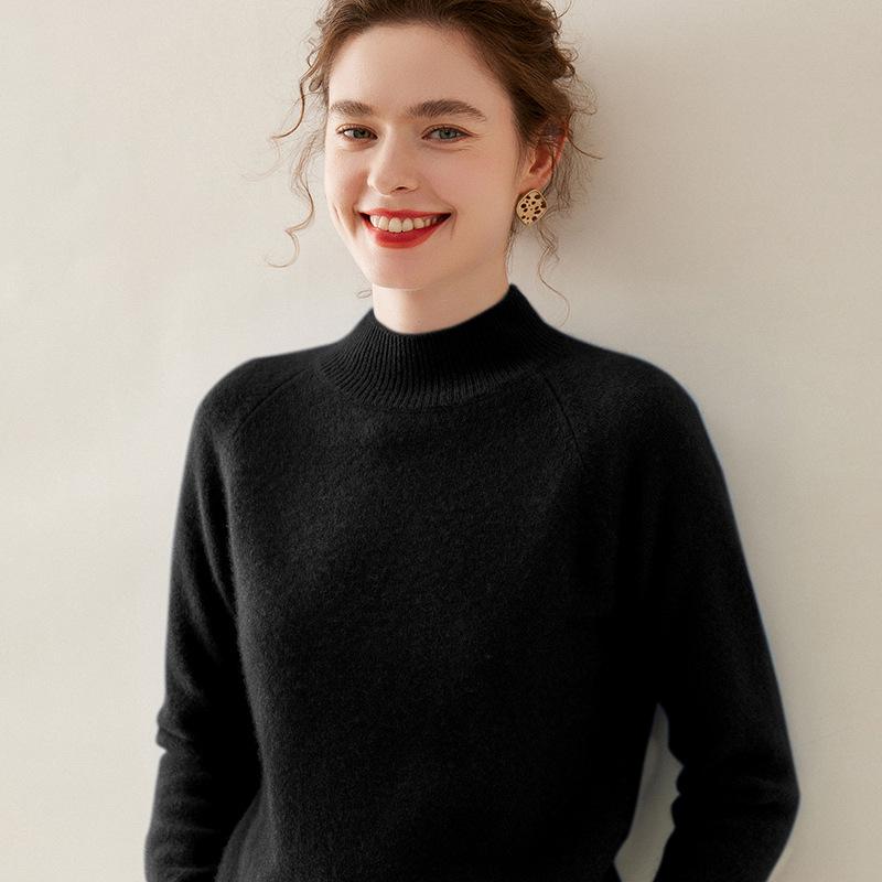 Women's Winter Cashmere Sweater: Half-High Collar, Thick, Skin-Friendly, Solid Color, Loose Fit, Wool Insert Sleeves, Knit Base Layer