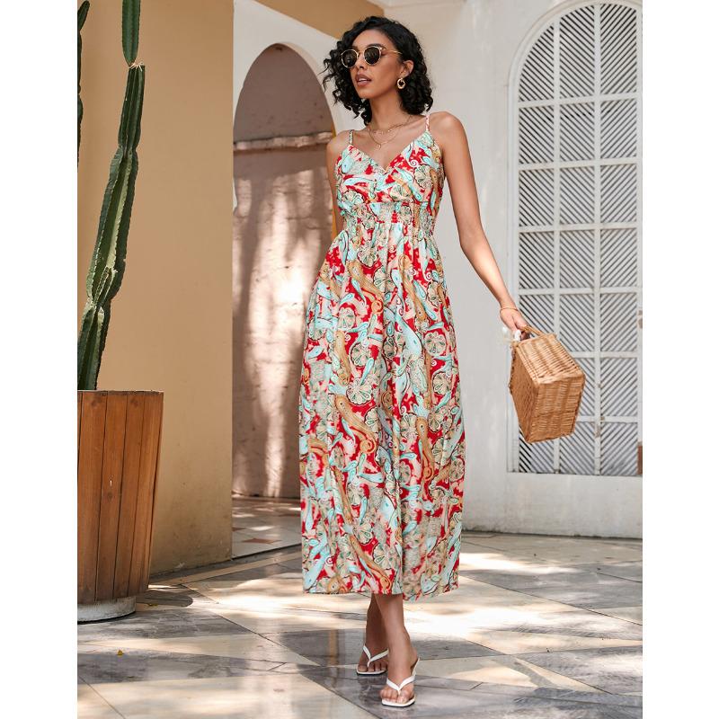 Women's Summer Printed Waist Medium and Long Suspender Dress