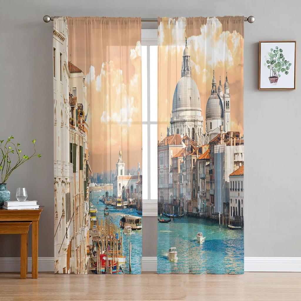 Venice Building Water Boat Modern Printed Tulle Curtains for Bedroom Balcony Window Decor Creative Fashion Home Sheer Curtain