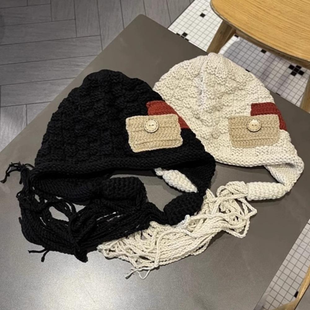 Теплая вязаная шапка-ушанка с пуговицей, шапка с защитой ушей, повседневная вязаная шапка с длинными кисточками, для девочки