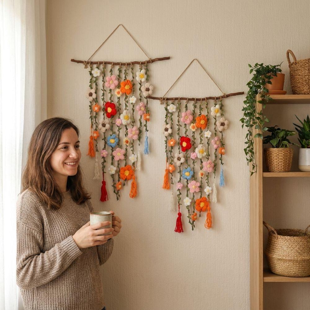 Natural Wooden Branch Crochet Floral Vine Wall Hanging Bedroom Wall Art