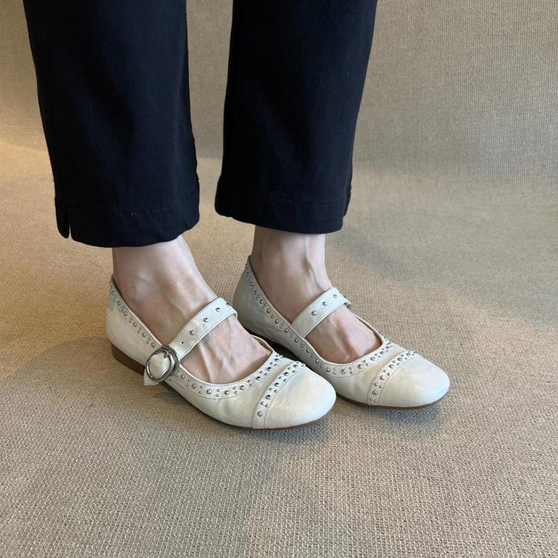 Sheepskin Version~ Gentle Wind Shallow Mouth Rivets Mary Jane Single Shoes Women's Versatile Flat Bottom One Word with Ballet Shoes
